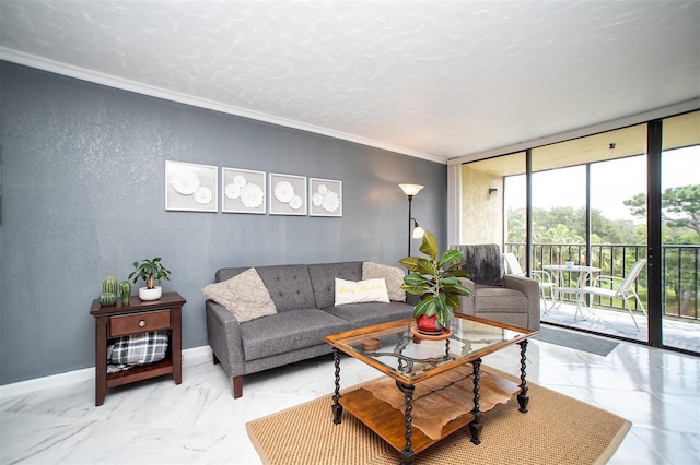 living room with a wall of windows, ornamental molding, and light tile patterned floors