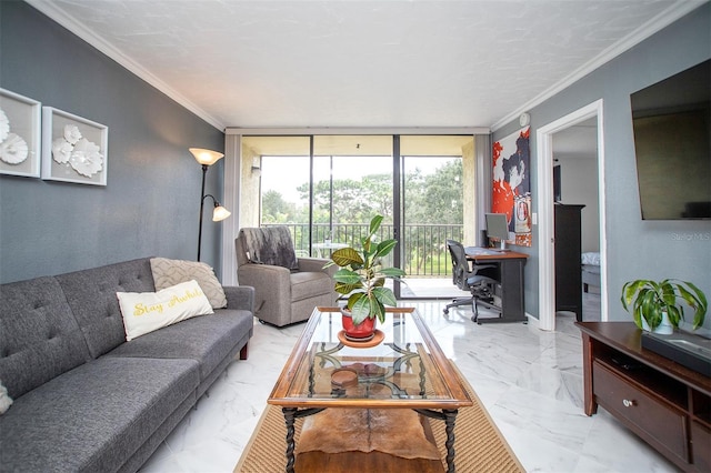 living room featuring light tile patterned flooring, crown molding, and expansive windows