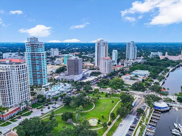 bird's eye view with a water view