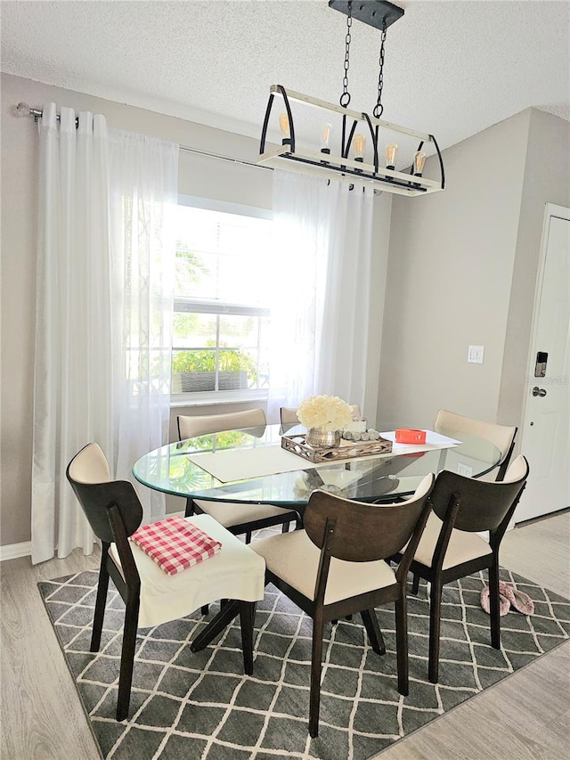 dining area with a textured ceiling and hardwood / wood-style flooring