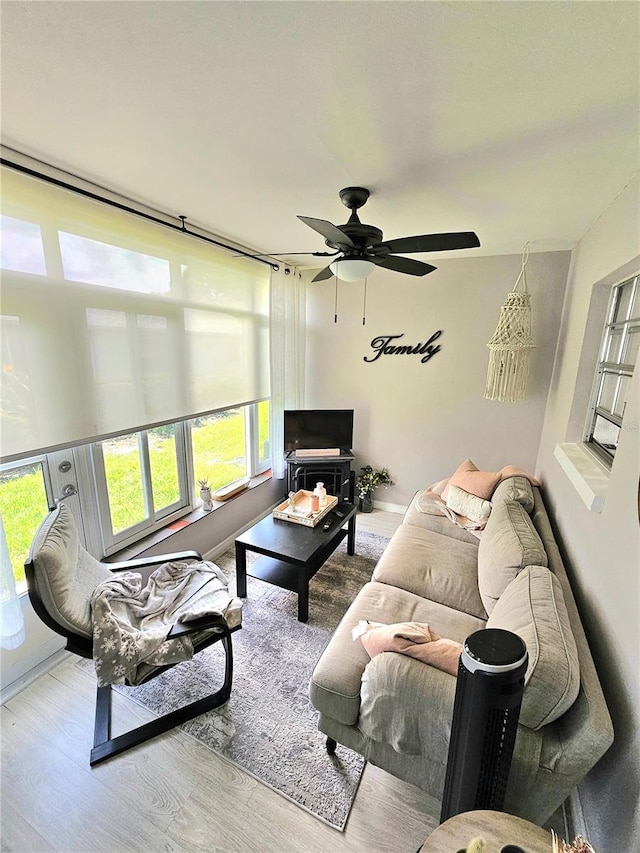 living room featuring ceiling fan and hardwood / wood-style floors