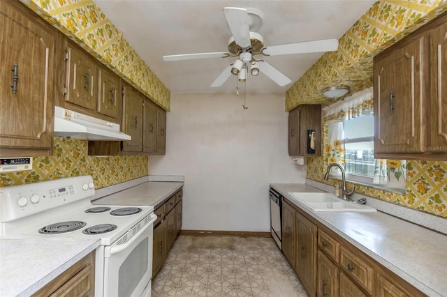 kitchen featuring decorative backsplash, ceiling fan, dishwasher, electric range, and sink