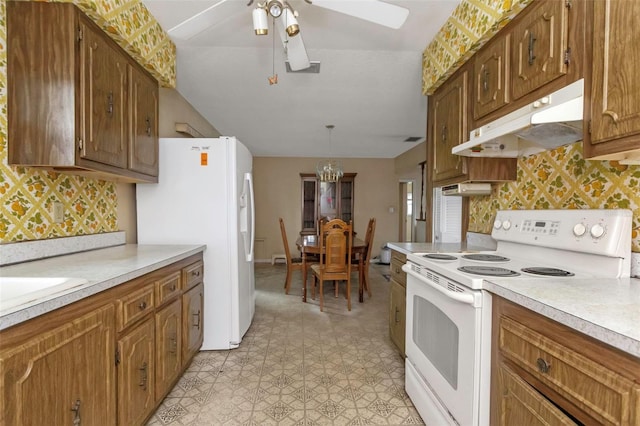 kitchen featuring white appliances, tasteful backsplash, pendant lighting, light tile patterned floors, and ceiling fan