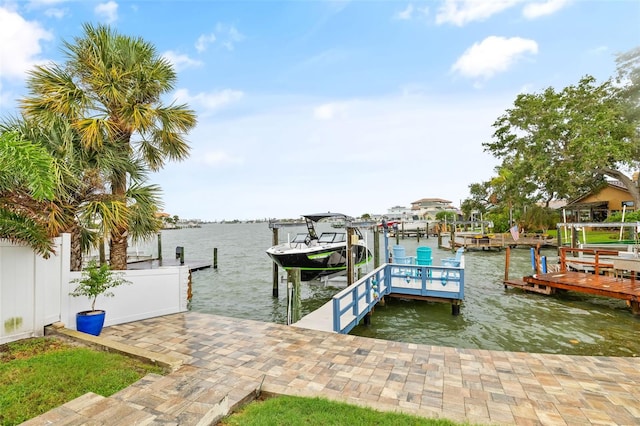 view of dock with a water view and boat lift