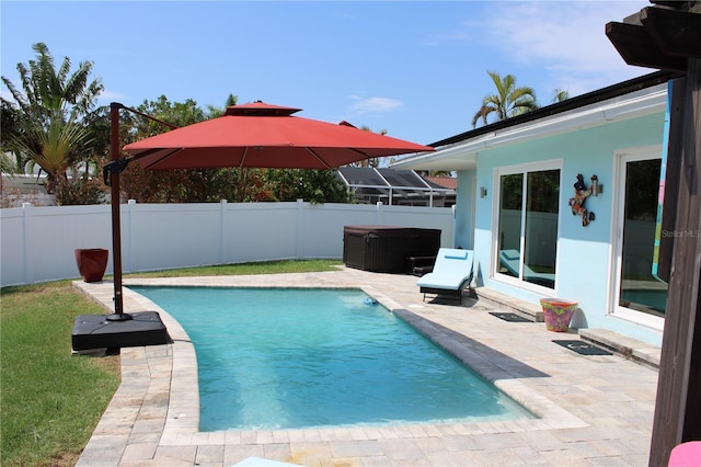 view of swimming pool with a patio area, a fenced backyard, and a fenced in pool