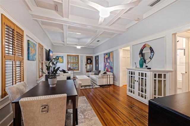 dining space with visible vents, beamed ceiling, coffered ceiling, and dark wood-style flooring