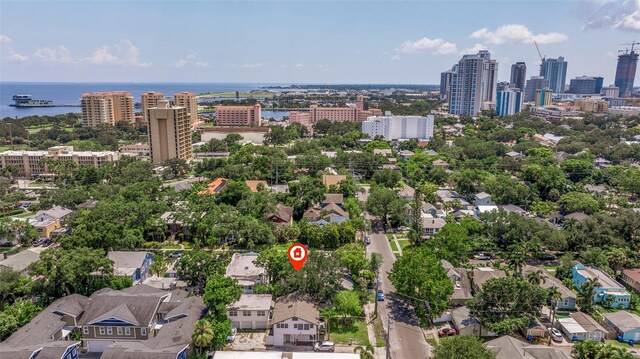 bird's eye view with a water view