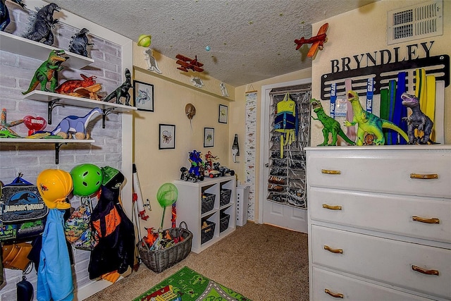 interior space with vaulted ceiling, a textured ceiling, and carpet flooring