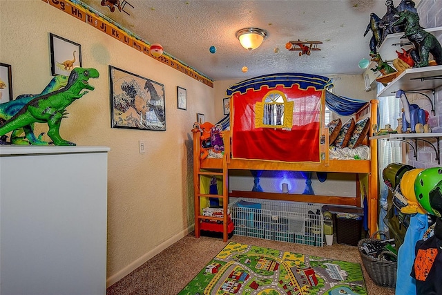 carpeted bedroom with a textured ceiling