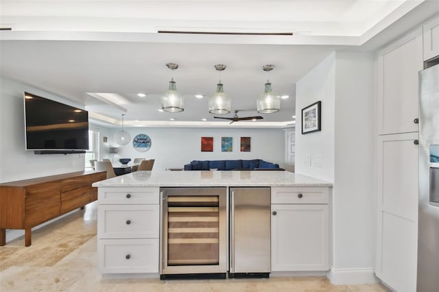 bar featuring light stone counters, light tile patterned floors, wine cooler, and white cabinetry