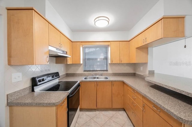 kitchen featuring backsplash, light brown cabinetry, white range with electric cooktop, sink, and light tile patterned flooring