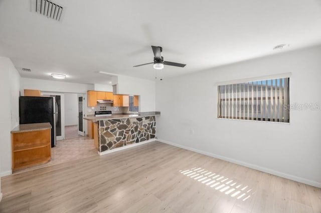 living room featuring ceiling fan and light wood-type flooring