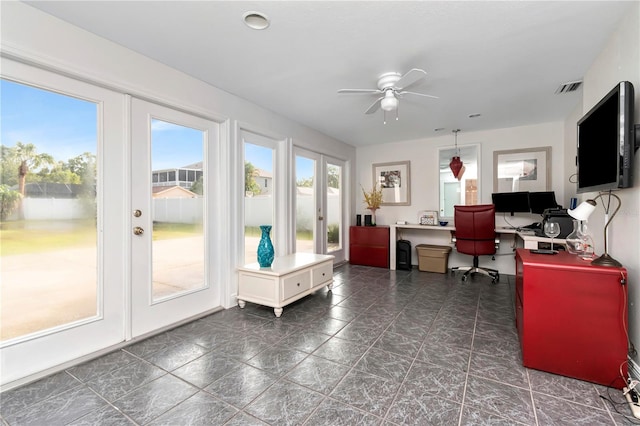 office featuring french doors, visible vents, and ceiling fan