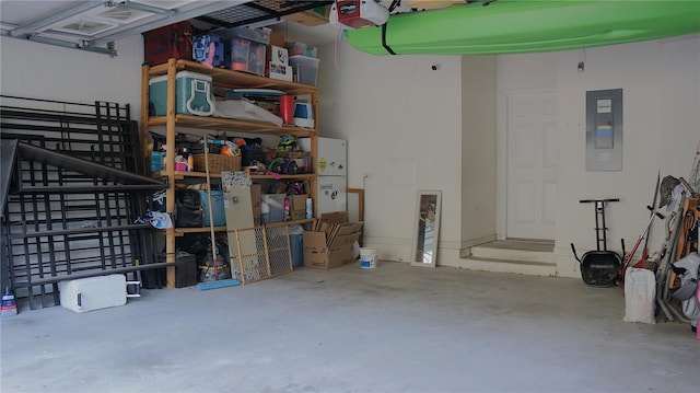 garage with electric panel and a garage door opener