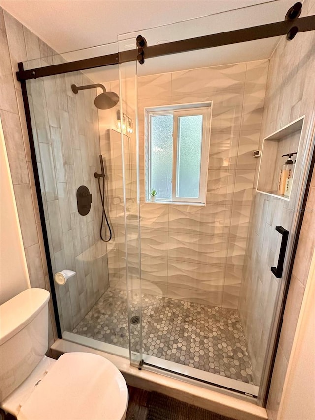 bathroom with a shower stall and toilet