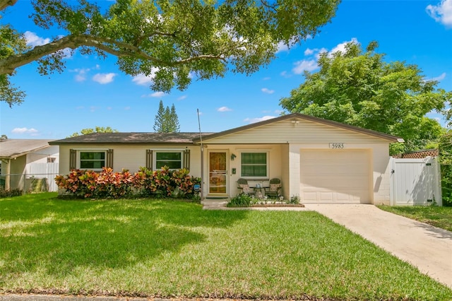 single story home with a garage and a front yard