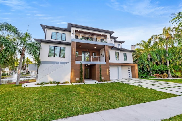 view of front of house featuring an attached garage, concrete driveway, a front yard, and stucco siding