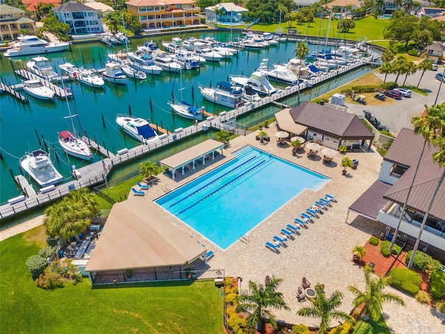 drone / aerial view featuring a water view