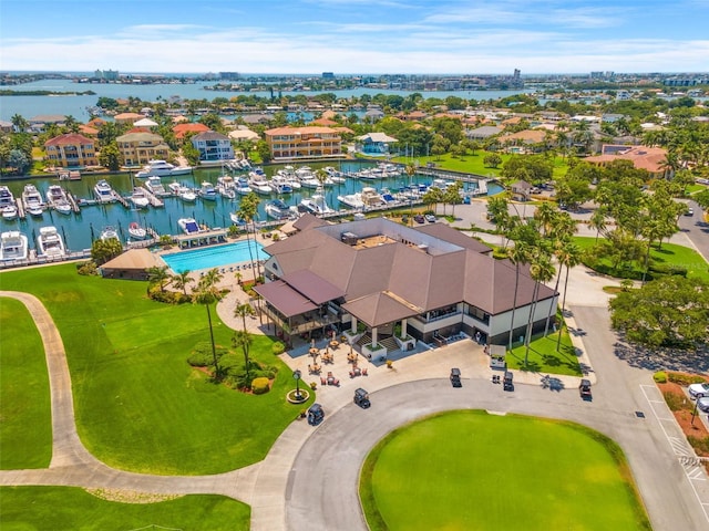 aerial view featuring a water view