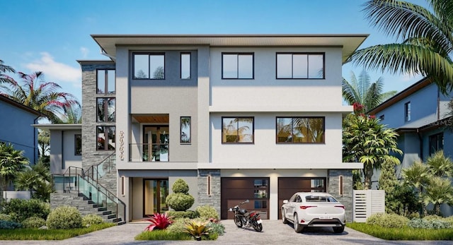 contemporary house with an attached garage, driveway, stone siding, stairway, and stucco siding