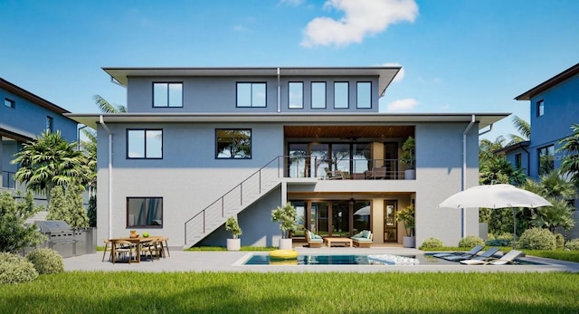 rear view of property featuring a patio, stairway, and stucco siding