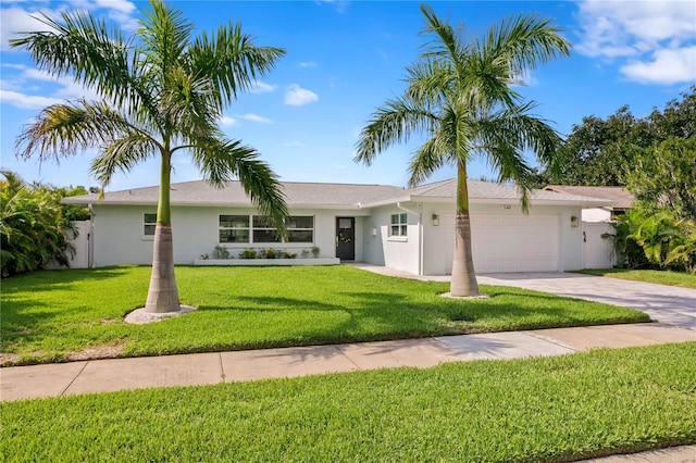 ranch-style house with a front lawn and a garage