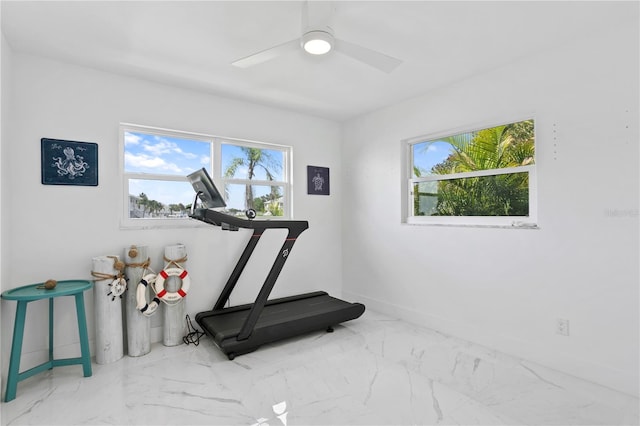 exercise area featuring ceiling fan