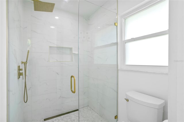 bathroom featuring plenty of natural light, toilet, and an enclosed shower