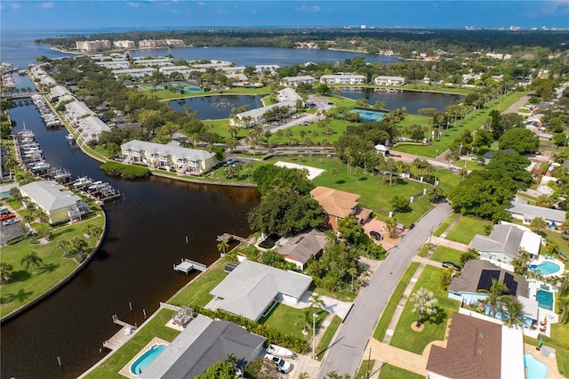 drone / aerial view featuring a water view