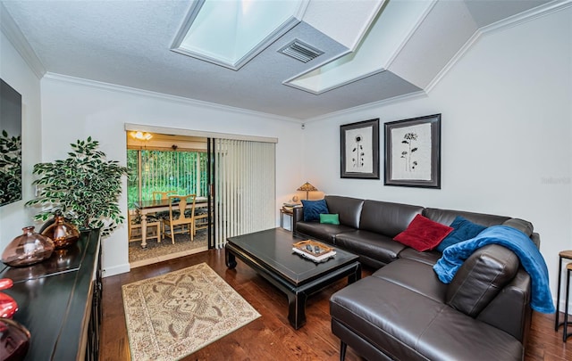 living room featuring a textured ceiling, lofted ceiling, crown molding, and dark hardwood / wood-style floors