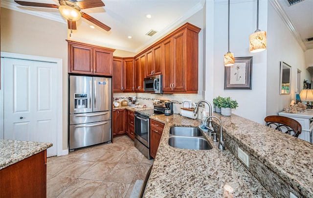 kitchen with backsplash, stainless steel appliances, light stone counters, ceiling fan, and hanging light fixtures