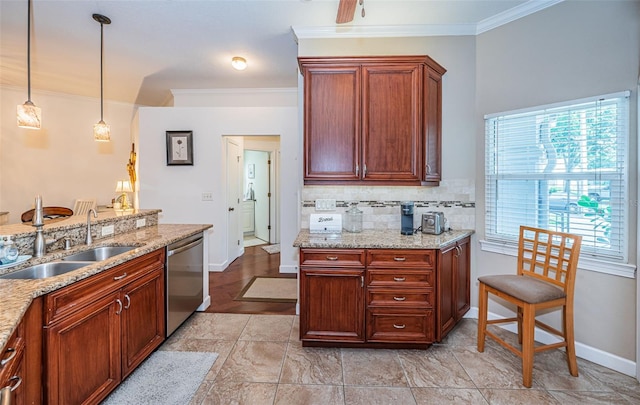 kitchen with stainless steel dishwasher, sink, light hardwood / wood-style flooring, and ornamental molding