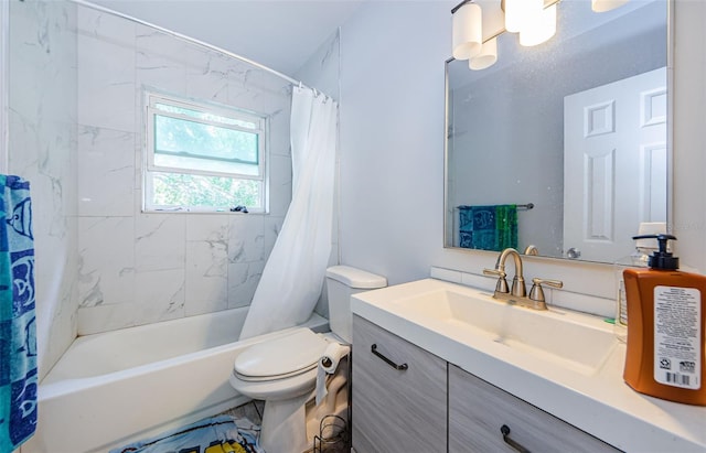 full bathroom featuring shower / tub combo with curtain, toilet, and vanity