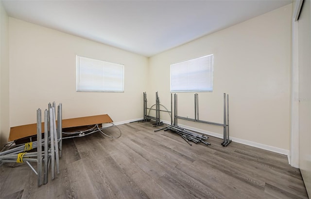 exercise room with hardwood / wood-style flooring