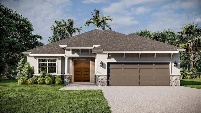 view of front of home featuring driveway, stone siding, stucco siding, and a front yard