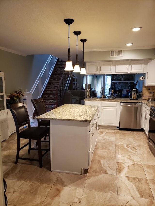 kitchen with white cabinets, dishwasher, light stone countertops, and light tile patterned floors