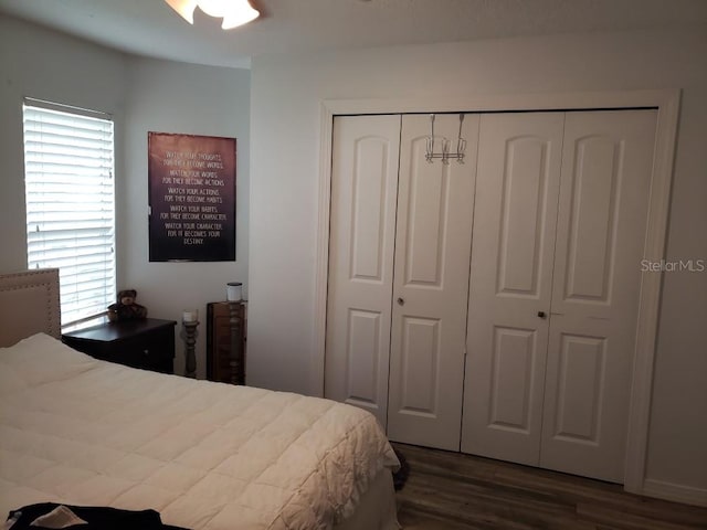 bedroom with ceiling fan, a closet, and hardwood / wood-style floors