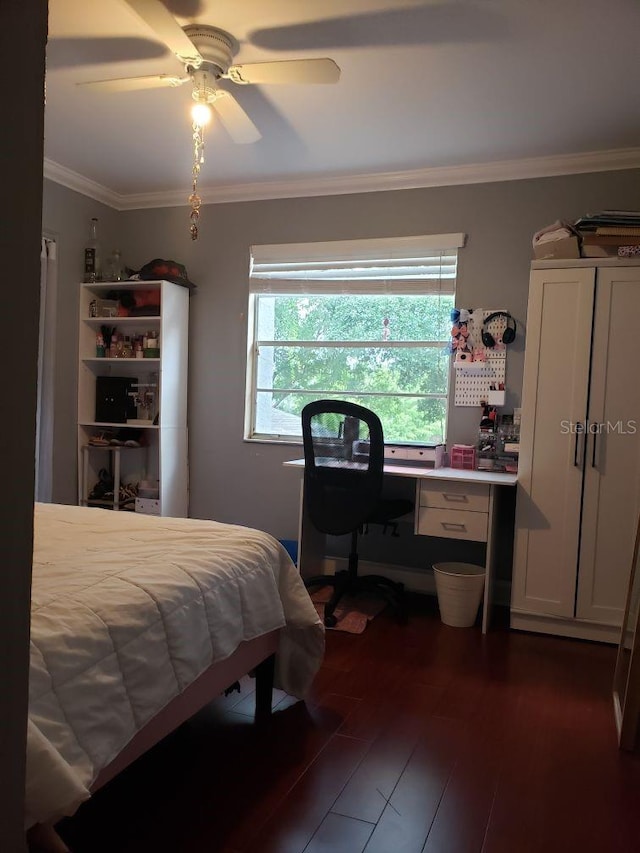 bedroom featuring ceiling fan, dark hardwood / wood-style flooring, and ornamental molding