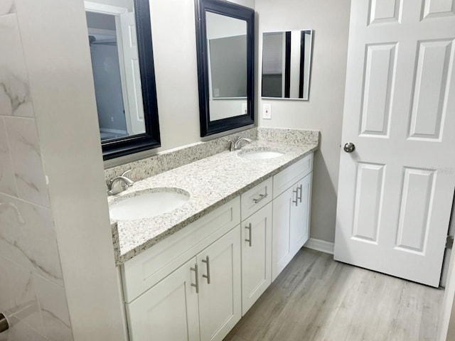 bathroom with a sink, baseboards, wood finished floors, and double vanity