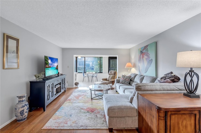 living room featuring a textured ceiling and light wood-type flooring