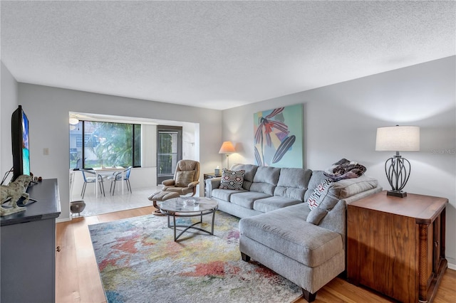 living room featuring light wood-type flooring and a textured ceiling