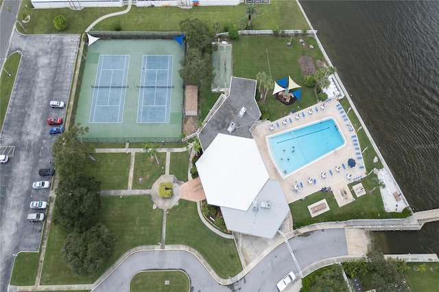 drone / aerial view featuring a water view