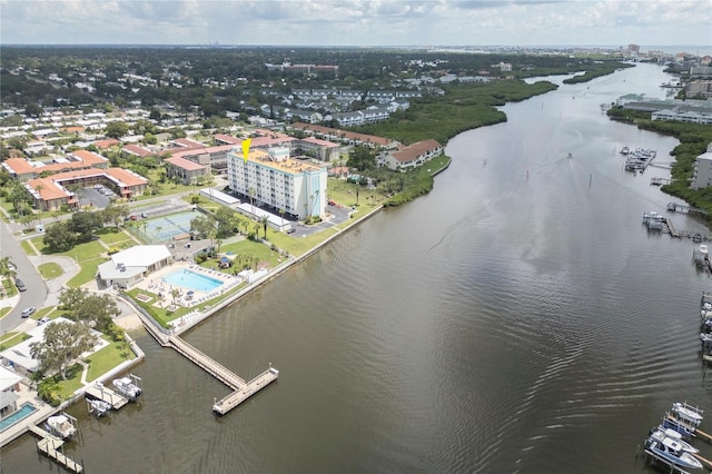 aerial view featuring a water view