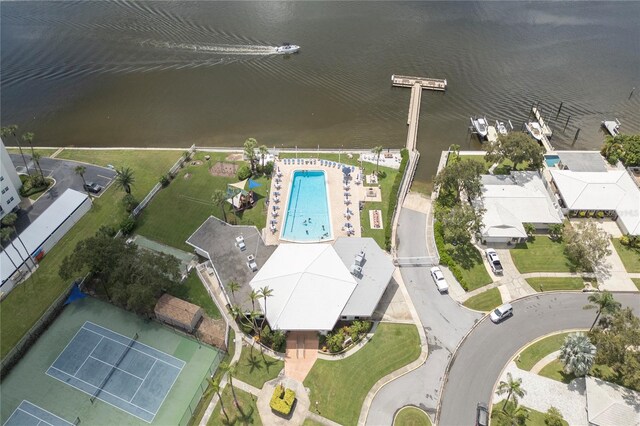 aerial view featuring a water view