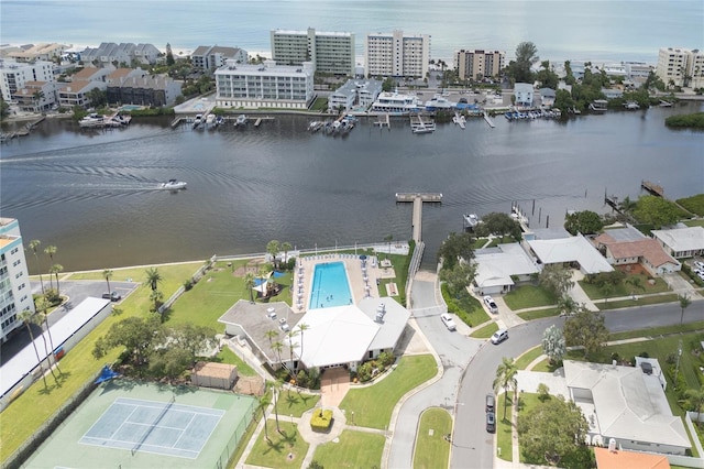 aerial view featuring a water view and a city view