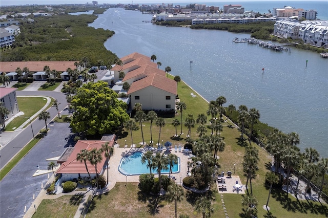 aerial view featuring a water view