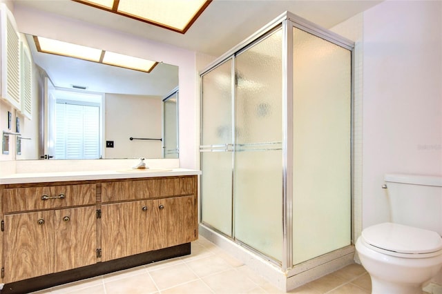 full bath featuring visible vents, toilet, vanity, a shower stall, and tile patterned floors