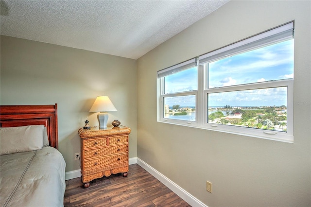 bedroom featuring a textured ceiling, multiple windows, dark wood-style flooring, and baseboards