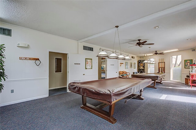 recreation room featuring carpet floors, visible vents, and pool table