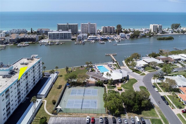 bird's eye view with a water view